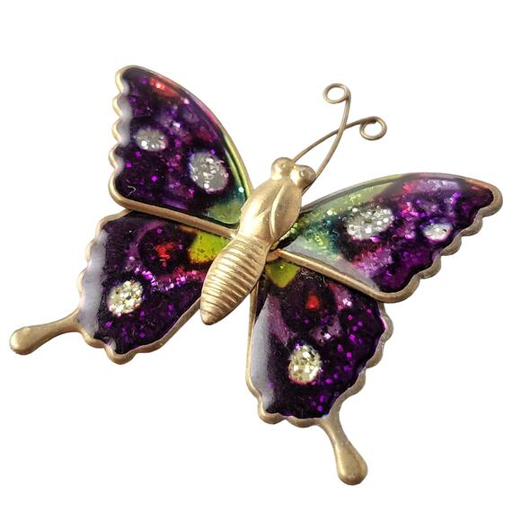 Vintage Enamel Butterfly Brooch Pin, Purple Green Glitter Accents, 1.5 Inch - Picture 6 of 6